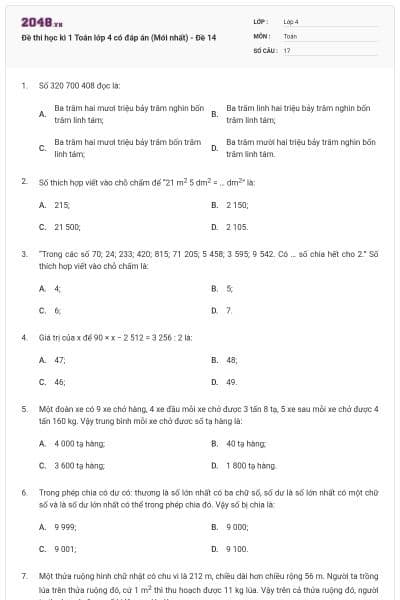 Đề thi học kì 1 Toán lớp 4 có đáp án (Mới nhất) - Đề 14