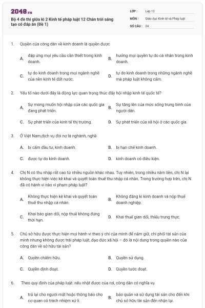 Bộ 4 đề thi giữa kì 2 Kinh tế pháp luật 12 Chân trời sáng tạo có đáp án (Đề 1)
