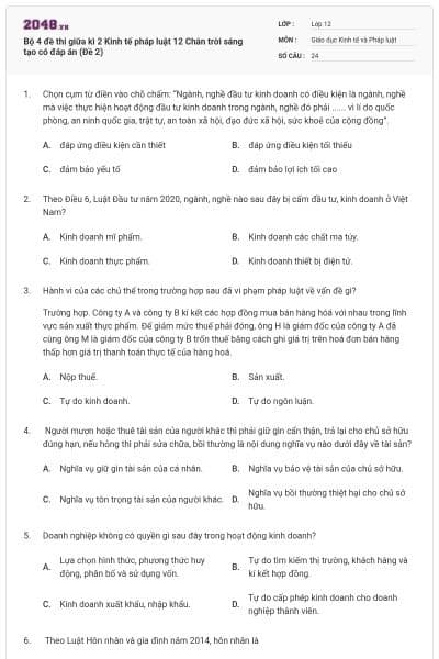 Bộ 4 đề thi giữa kì 2 Kinh tế pháp luật 12 Chân trời sáng tạo có đáp án (Đề 2)