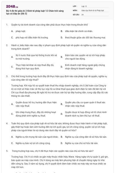 Bộ 4 đề thi giữa kì 2 Kinh tế pháp luật 12 Chân trời sáng tạo có đáp án (Đề 3)