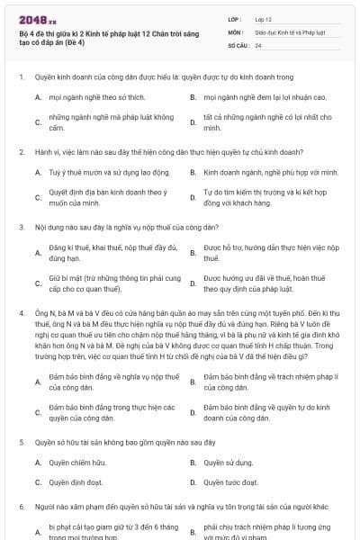 Bộ 4 đề thi giữa kì 2 Kinh tế pháp luật 12 Chân trời sáng tạo có đáp án (Đề 4)