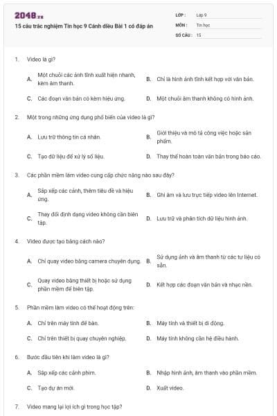 15 câu trắc nghiệm Tin học 9 Cánh diều Bài 1 có đáp án