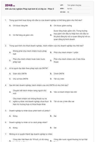 600 câu trắc nghiệm Pháp luật kinh tế có đáp án - Phần 5