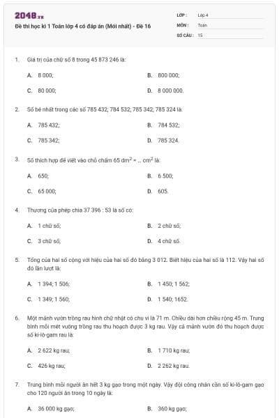 Đề thi học kì 1 Toán lớp 4 có đáp án (Mới nhất) - Đề 16