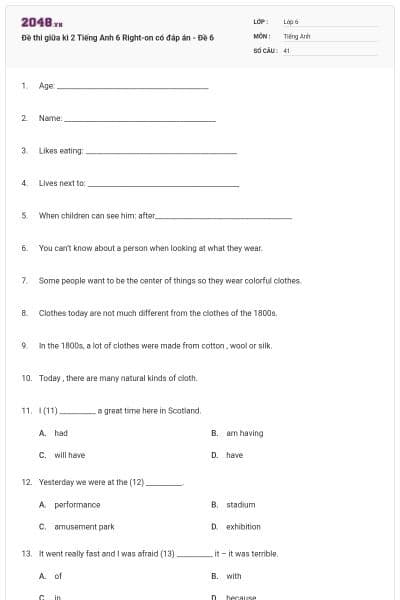 Đề thi giữa kì 2 Tiếng Anh 6 Right-on có đáp án - Đề 6