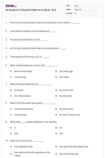 Đề thi giữa kì 2 Tiếng Anh 6 Right-on có đáp án - Đề 8