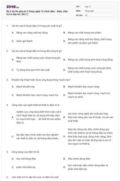 Bộ 2 đề thi giữa kì 2 Công nghệ 12 Cánh diều - Điện, điện tử có đáp án ( Đề 2 )