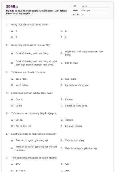 Bộ 2 đề thi giữa kì 2 Công nghệ 12 Cánh diều - Lâm nghiệp thủy sản có đáp án (Đề 1)
