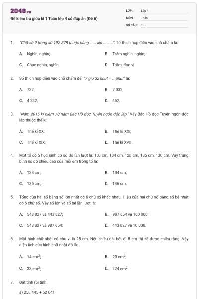 Đề kiểm tra giữa kì 1 Toán lớp 4 có đáp án (Đề 6)