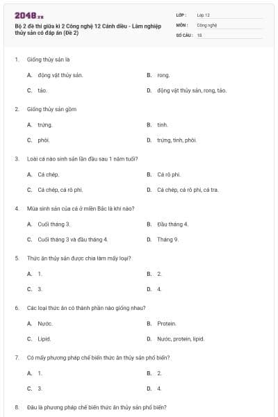 Bộ 2 đề thi giữa kì 2 Công nghệ 12 Cánh diều - Lâm nghiệp thủy sản có đáp án (Đề 2)