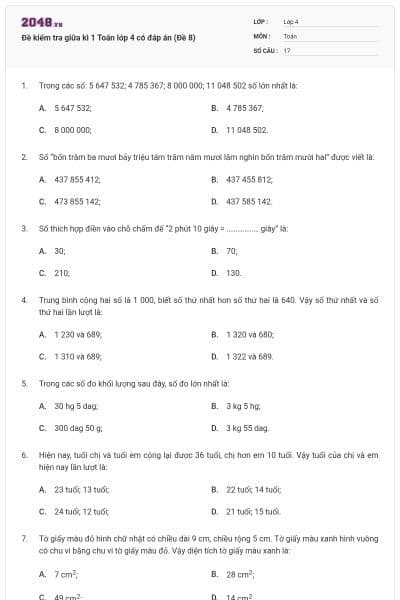 Đề kiểm tra giữa kì 1 Toán lớp 4 có đáp án (Đề 8)