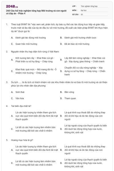 260 Câu hỏi trắc nghiệm tổng hợp Môi trường và con người có đáp án - Phần 4