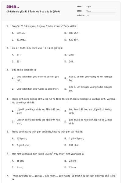 Đề kiểm tra giữa kì 1 Toán lớp 4 có đáp án (Đề 9)