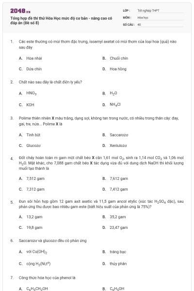 Tổng hợp đề thi thử Hóa Học mức độ cơ bản - nâng cao có đáp án (Đề số 8)
