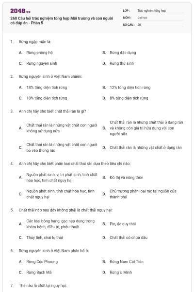 260 Câu hỏi trắc nghiệm tổng hợp Môi trường và con người có đáp án - Phần 5