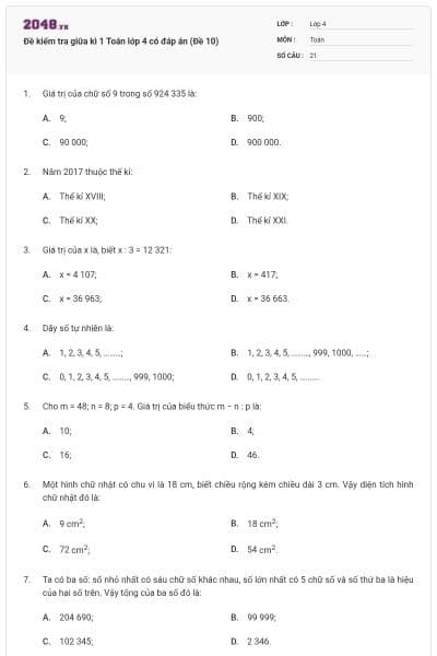 Đề kiểm tra giữa kì 1 Toán lớp 4 có đáp án (Đề 10)