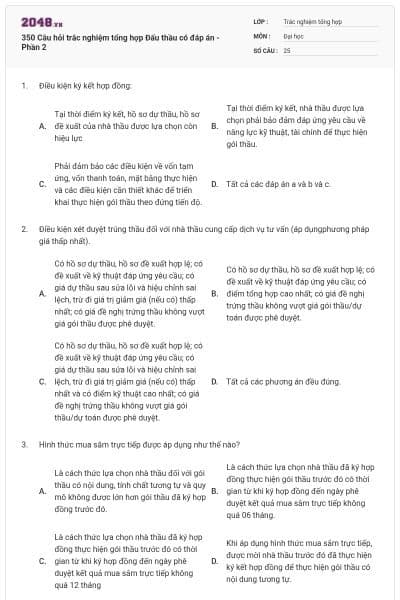 350 Câu hỏi trắc nghiệm tổng hợp Đấu thầu có đáp án - Phần 2