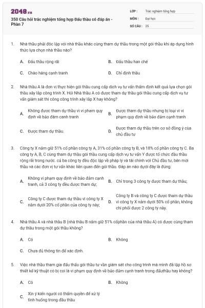 350 Câu hỏi trắc nghiệm tổng hợp Đấu thầu có đáp án - Phần 7