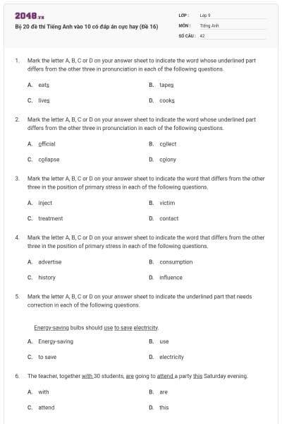 Bộ 20 đề thi Tiếng Anh vào 10 có đáp án cực hay (Đề 16)