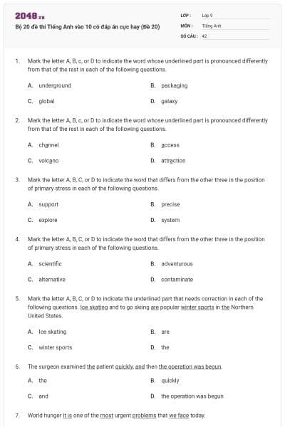 Bộ 20 đề thi Tiếng Anh vào 10 có đáp án cực hay (Đề 20)