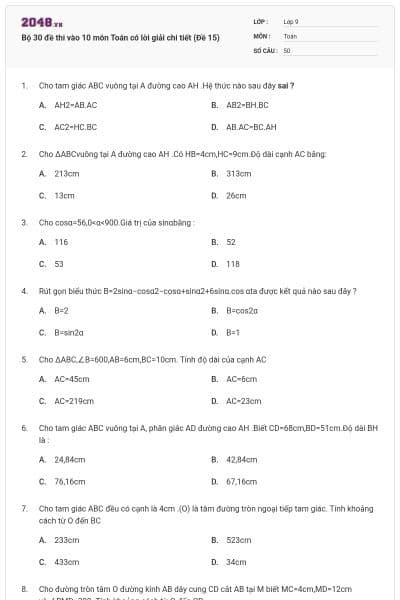 Bộ 30 đề thi vào 10 môn Toán có lời giải chi tiết (Đề 15)