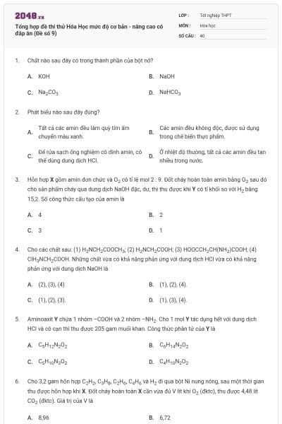 Tổng hợp đề thi thử Hóa Học mức độ cơ bản - nâng cao có đáp án (Đề số 9)
