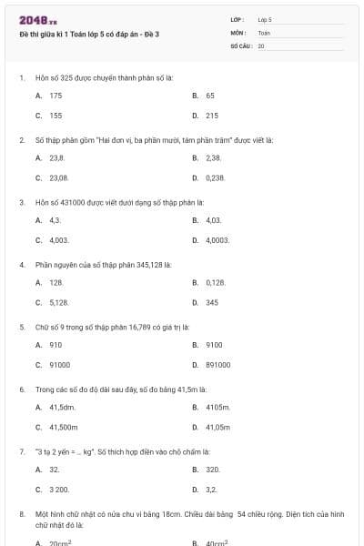 Đề thi giữa kì 1 Toán lớp 5 có đáp án - Đề 3