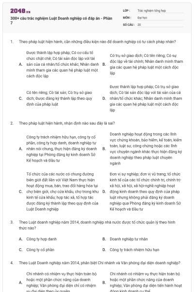 300+ câu trắc nghiệm Luật Doanh nghiệp có đáp án - Phần 7