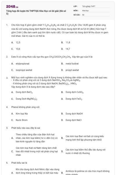 Tổng hợp đề luyện thi THPTQG Hóa Học có lời giải (Đề số 5)