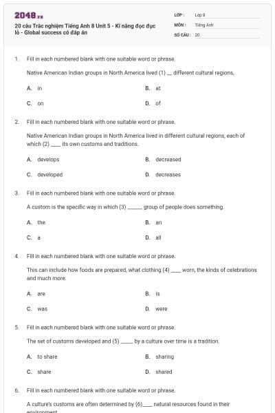 20 câu Trắc nghiệm Tiếng Anh 8 Unit 5 - Kĩ năng đọc đục lỗ - Global success có đáp án