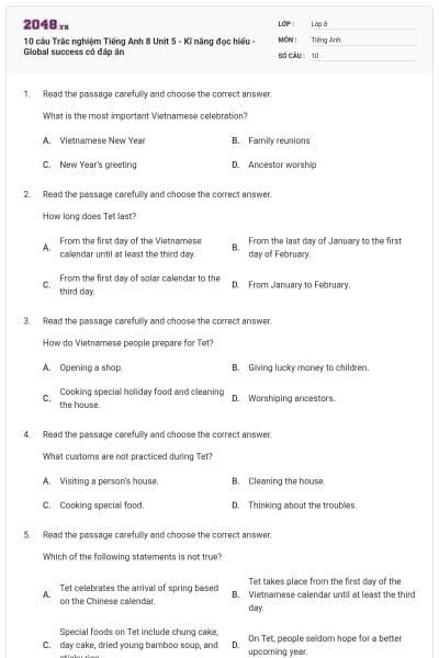 10 câu Trắc nghiệm Tiếng Anh 8 Unit 5 - Kĩ năng đọc hiểu - Global success có đáp án