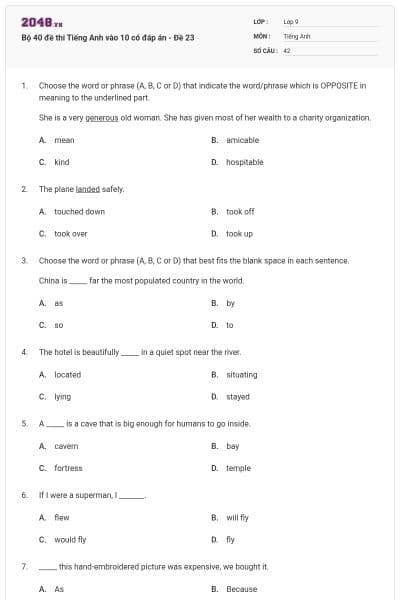 Bộ 40 đề thi Tiếng Anh vào 10 có đáp án - Đề 23