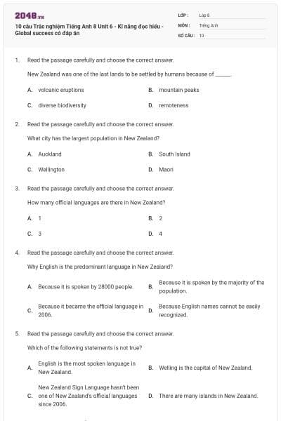 10 câu Trắc nghiệm Tiếng Anh 8 Unit 6 - Kĩ năng đọc hiểu - Global success có đáp án