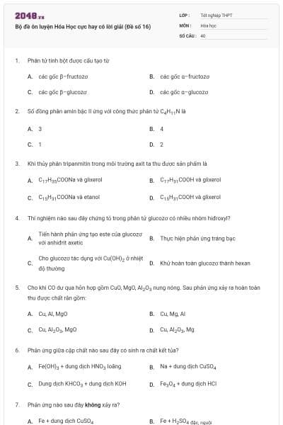 Bộ đề ôn luyện Hóa Học cực hay có lời giải (Đề số 16)
