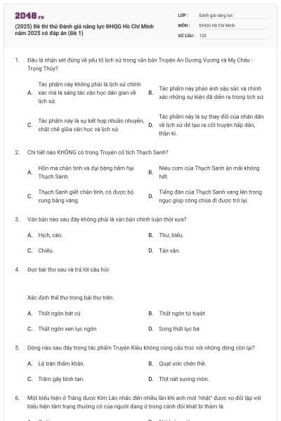 (2025) Đề thi thử Đánh giá năng lực ĐHQG Hồ Chí Minh năm 2025 có đáp án (Đề 1)