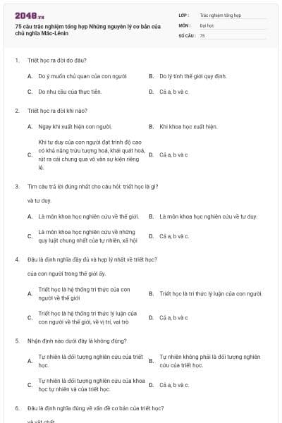 75 câu trắc nghiệm tổng hợp Những nguyên lý cơ bản của chủ nghĩa Mác-Lênin