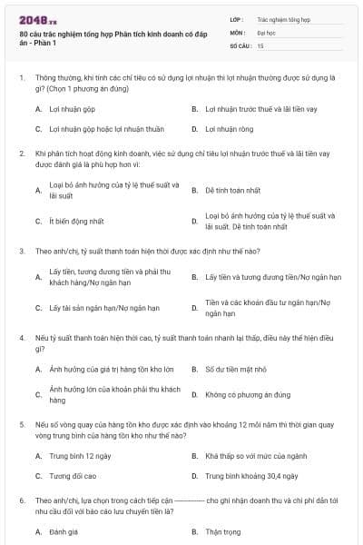 80 câu trắc nghiệm tổng hợp Phân tích kinh doanh có đáp án - Phần 1
