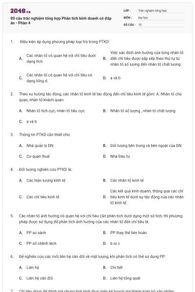 80 câu trắc nghiệm tổng hợp Phân tích kinh doanh có đáp án - Phần 4