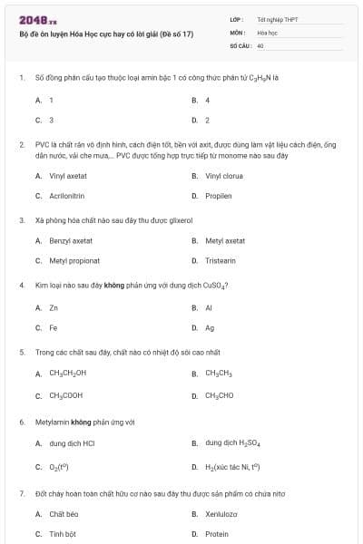 Bộ đề ôn luyện Hóa Học cực hay có lời giải (Đề số 17)