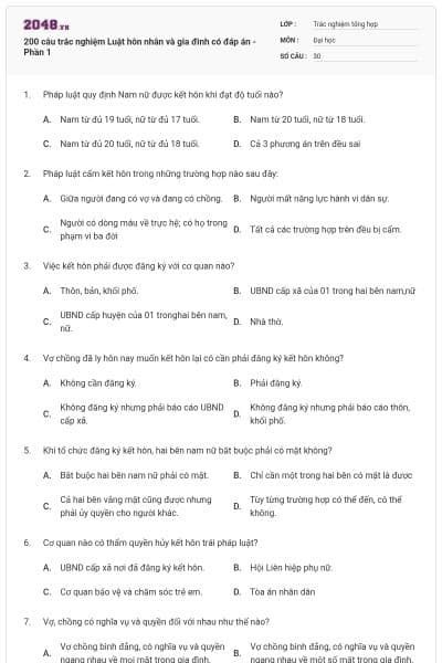 200 câu trắc nghiệm Luật hôn nhân và gia đình có đáp án - Phần 1