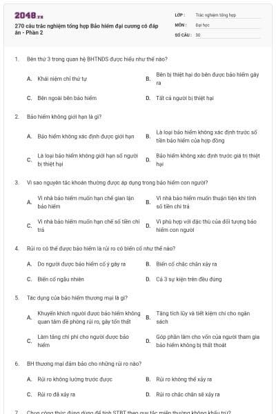 270 câu trắc nghiệm tổng hợp Bảo hiểm đại cương có đáp án - Phần 2