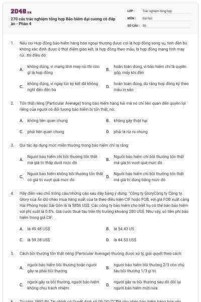 270 câu trắc nghiệm tổng hợp Bảo hiểm đại cương có đáp án - Phần 4