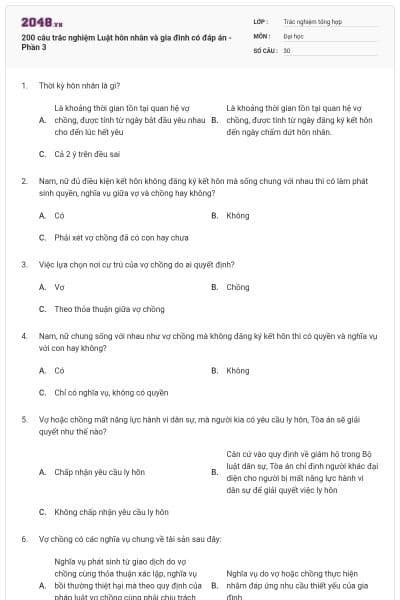 200 câu trắc nghiệm Luật hôn nhân và gia đình có đáp án - Phần 3