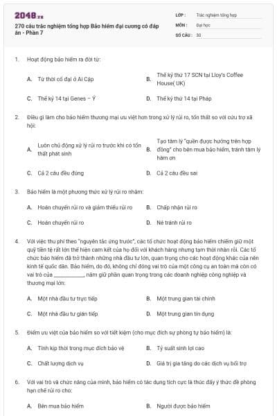 270 câu trắc nghiệm tổng hợp Bảo hiểm đại cương có đáp án - Phần 7
