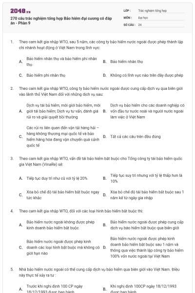 270 câu trắc nghiệm tổng hợp Bảo hiểm đại cương có đáp án - Phần 9