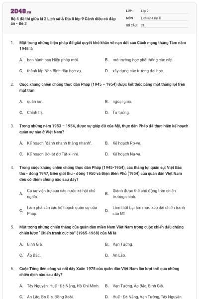 Bộ 4 đề thi giữa kì 2 Lịch sử & Địa lí lớp 9 Cánh diều có đáp án - Đề 3