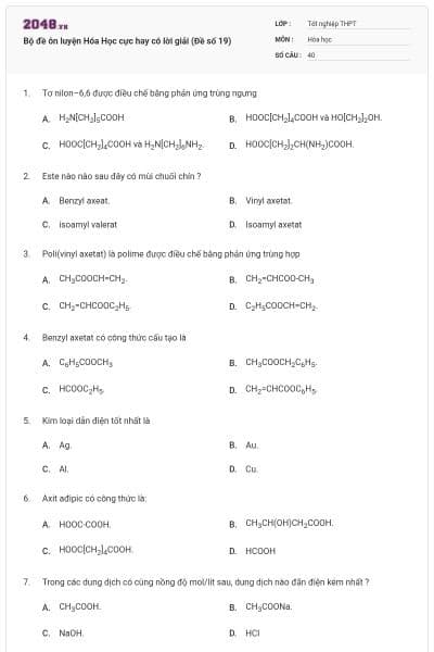 Bộ đề ôn luyện Hóa Học cực hay có lời giải (Đề số 19)