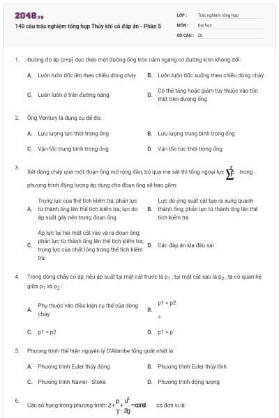 140 câu trắc nghiệm tổng hợp Thủy khí có đáp án - Phần 5