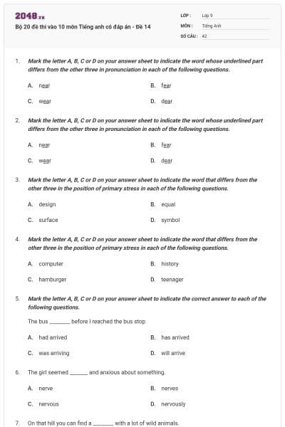 Bộ 20 đề thi vào 10 môn Tiếng anh có đáp án - Đề 14