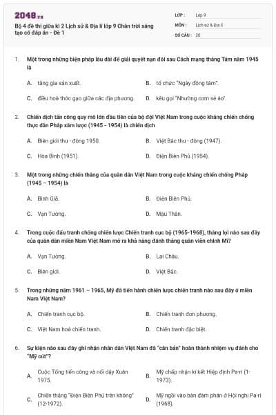Bộ 4 đề thi giữa kì 2 Lịch sử & Địa lí lớp 9 Chân trời sáng tạo có đáp án - Đề 1